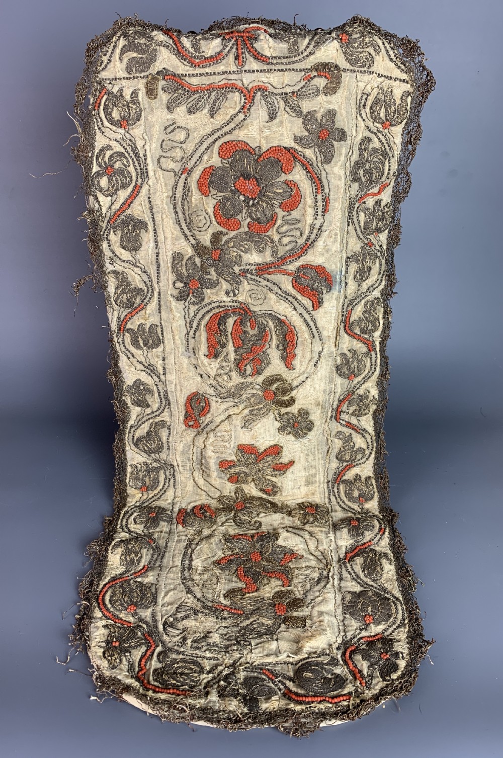 17th century silver bullion thread and coral bead silk textile panel