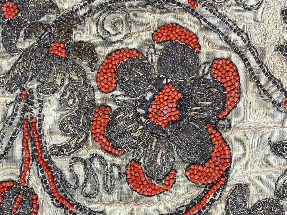 17th century silver bullion thread and coral bead silk textile panel View II