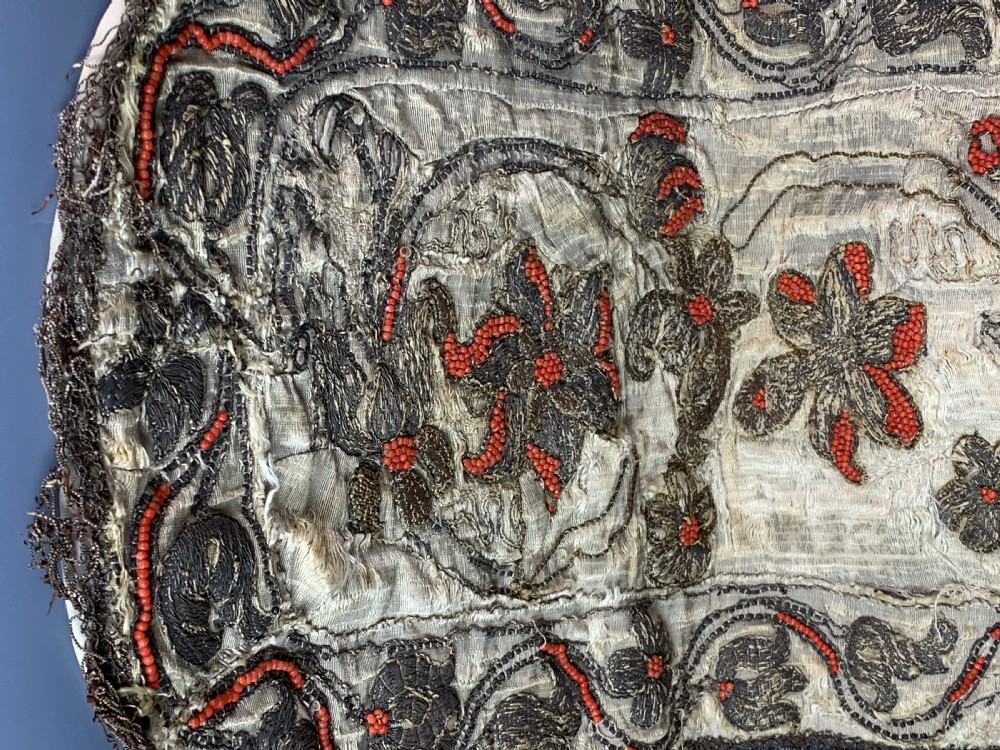 17th century silver bullion thread and coral bead silk textile panel View III