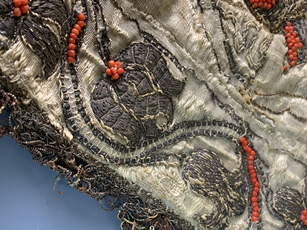 17th century silver bullion thread and coral bead silk textile panel View IV