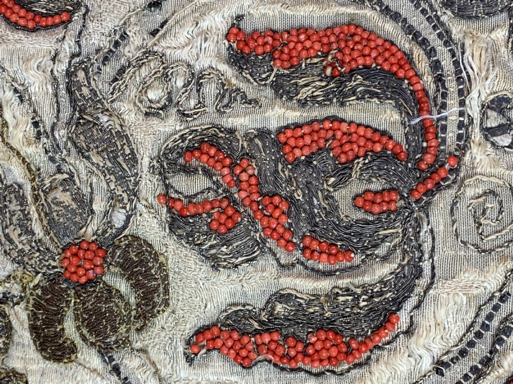 17th century silver bullion thread and coral bead silk textile panel View V