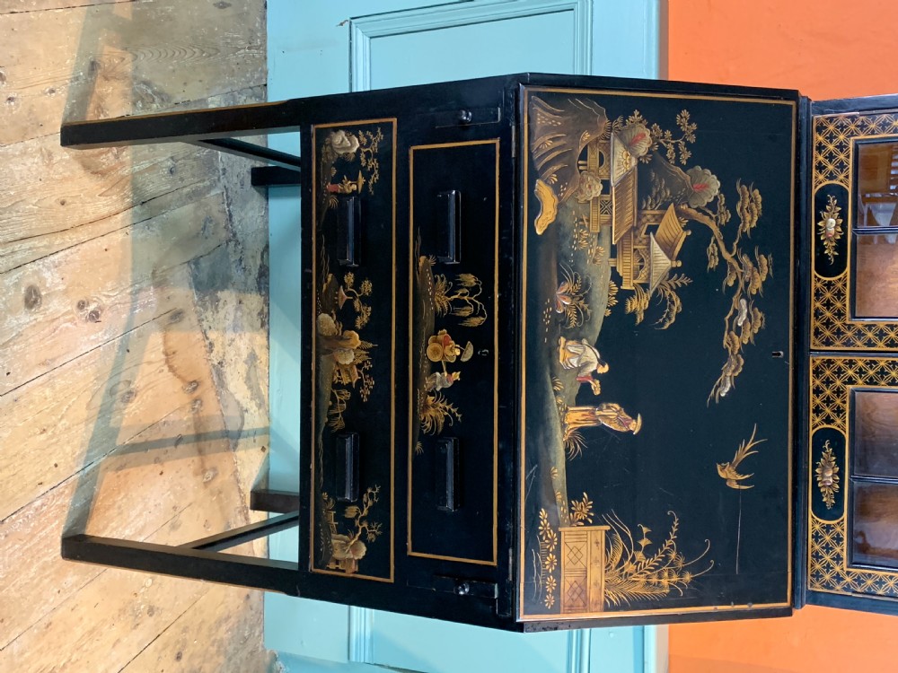 Chinoiserie decorated black japanned bureau bookcase View II