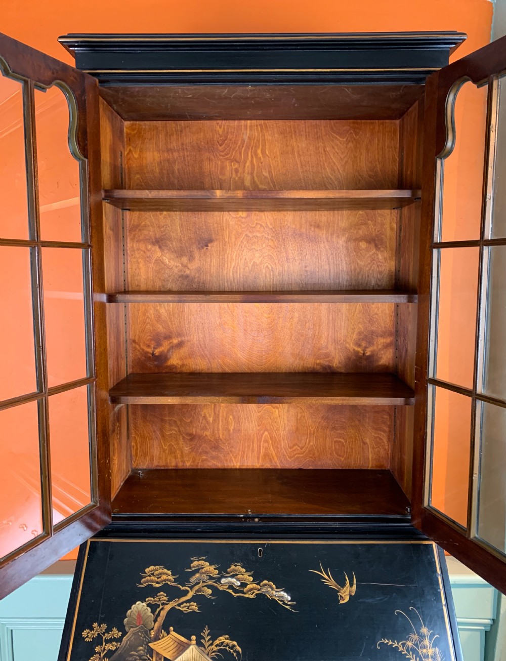 Chinoiserie decorated black japanned bureau bookcase View VII