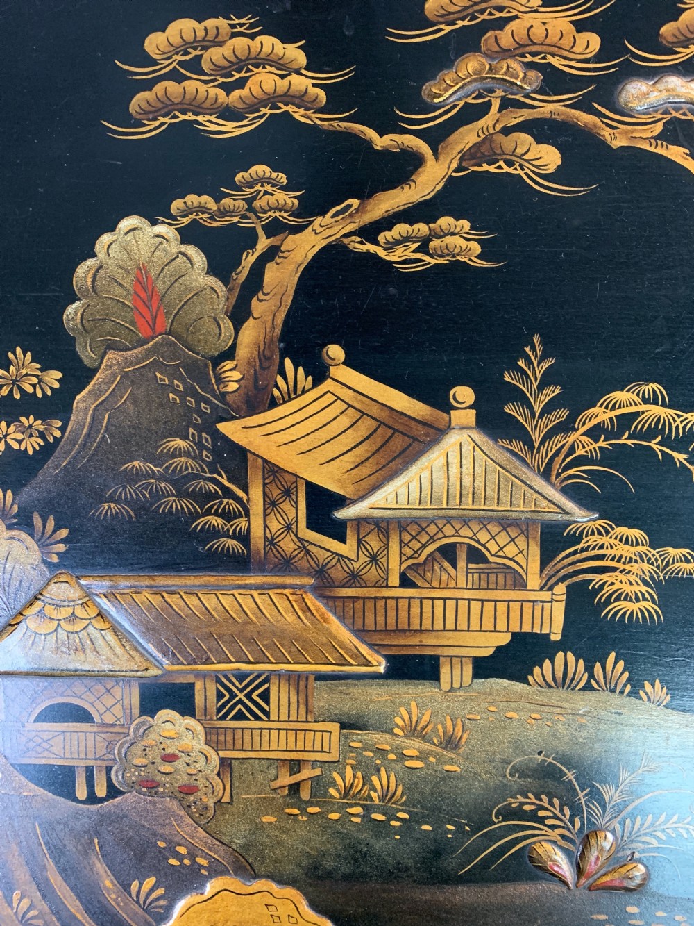 Chinoiserie decorated black japanned bureau bookcase View IX