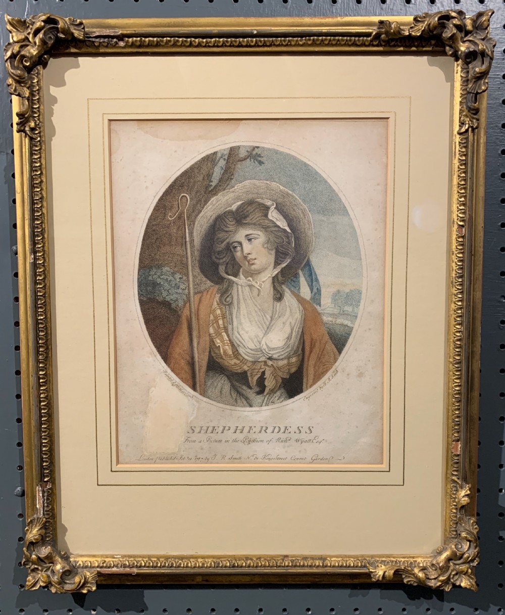 A Georgian stipple engraving of a Shepherdess, After S. Woodforde 1787