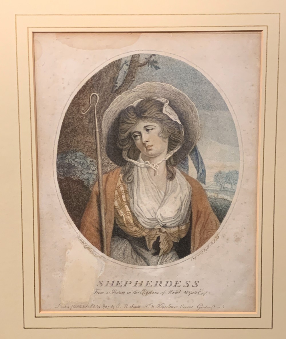 A Georgian stipple engraving of a Shepherdess, After S. Woodforde 1787 View II
