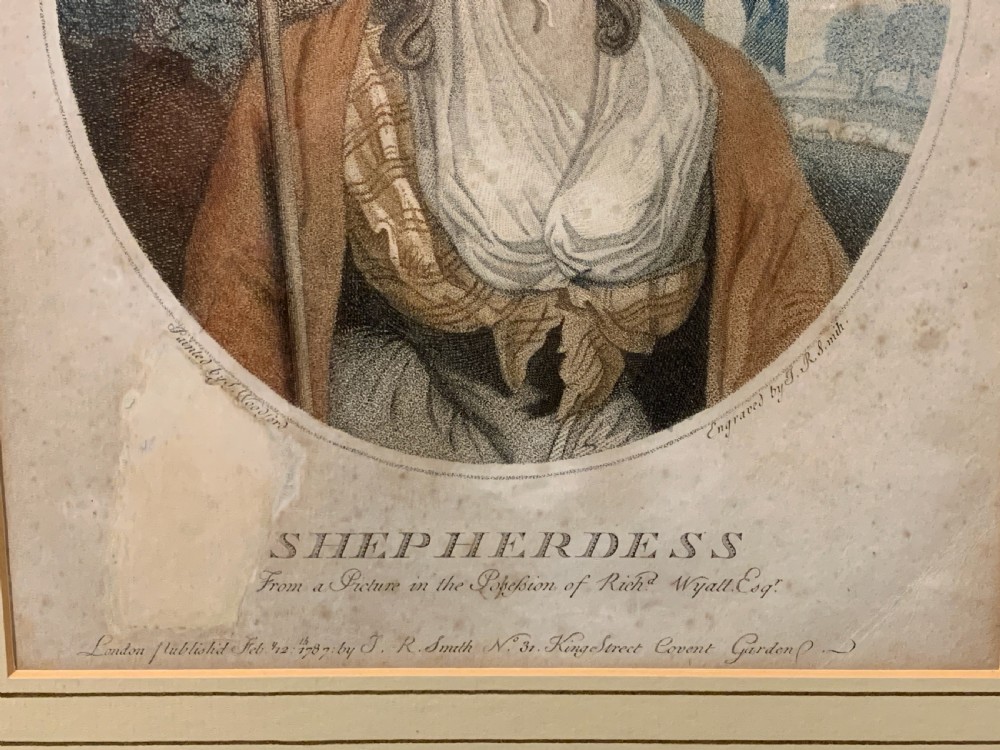 A Georgian stipple engraving of a Shepherdess, After S. Woodforde 1787 View III