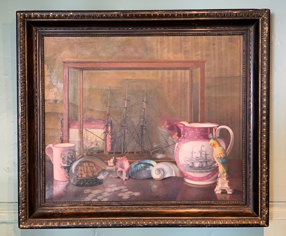 John Ernest Foster, still life of antiques & maritime theme, oil on canvas