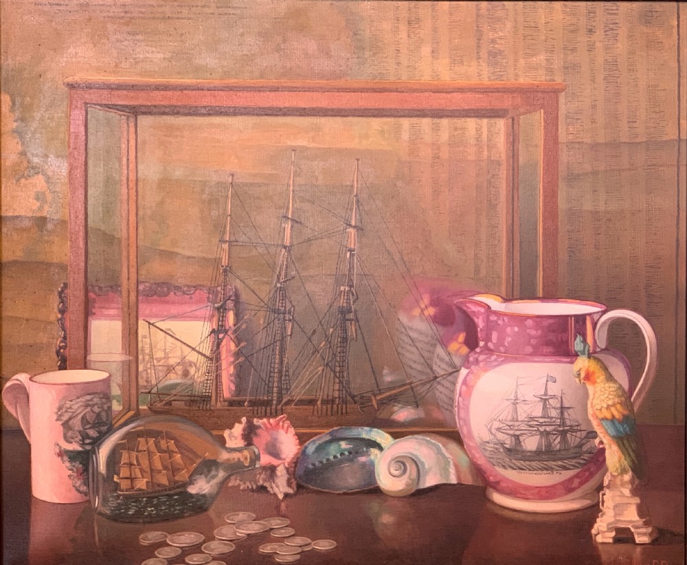 John Ernest Foster, still life of antiques & maritime theme, oil on canvas View II