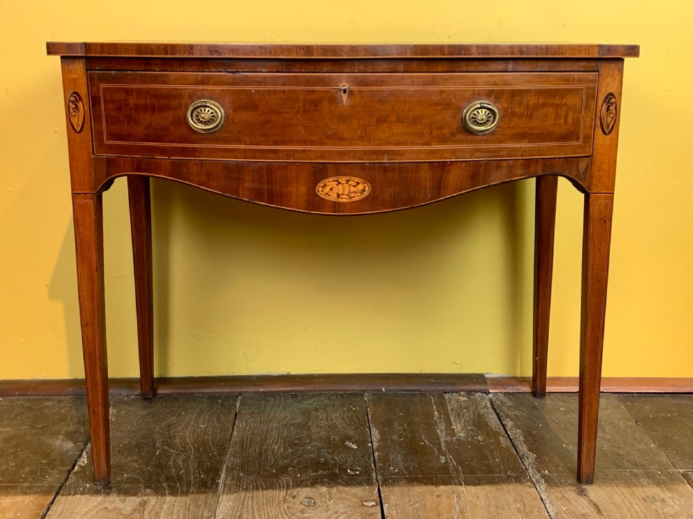 Georgian inlaid mahogany bowfront side table with single frieze drawer View II