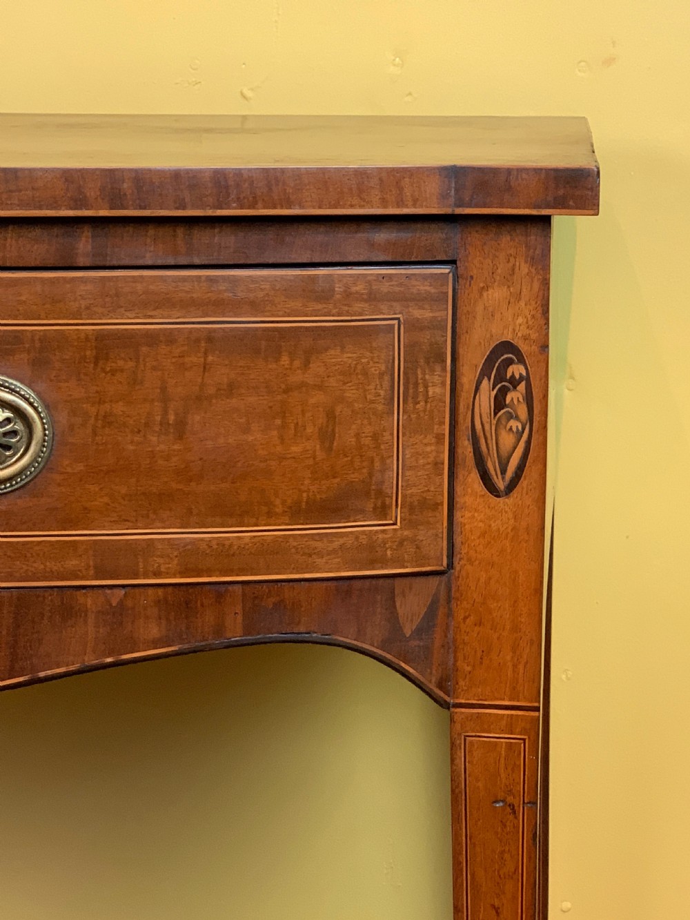 Georgian inlaid mahogany bowfront side table with single frieze drawer View III