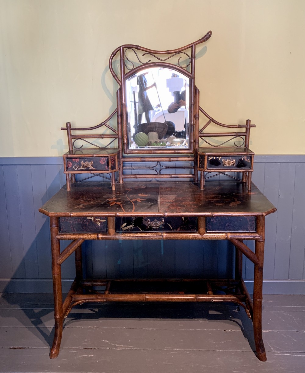 Victorian Aesthetic bamboo and lacquer panelled dressing table