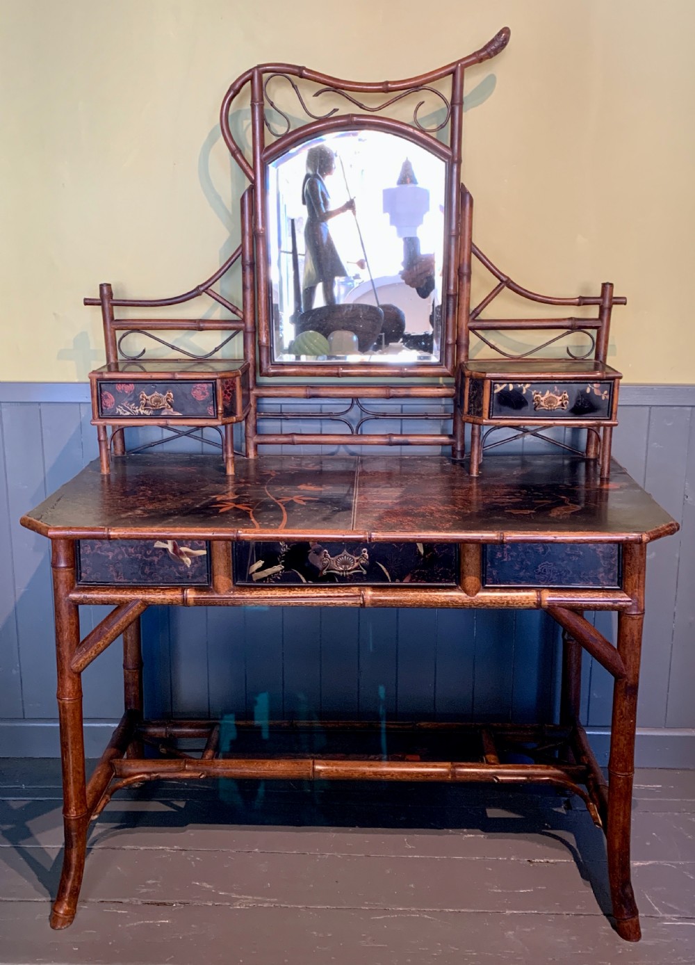 Victorian Aesthetic bamboo and lacquer panelled dressing table View II