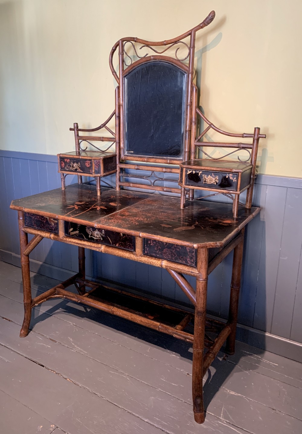 Victorian Aesthetic bamboo and lacquer panelled dressing table View VI