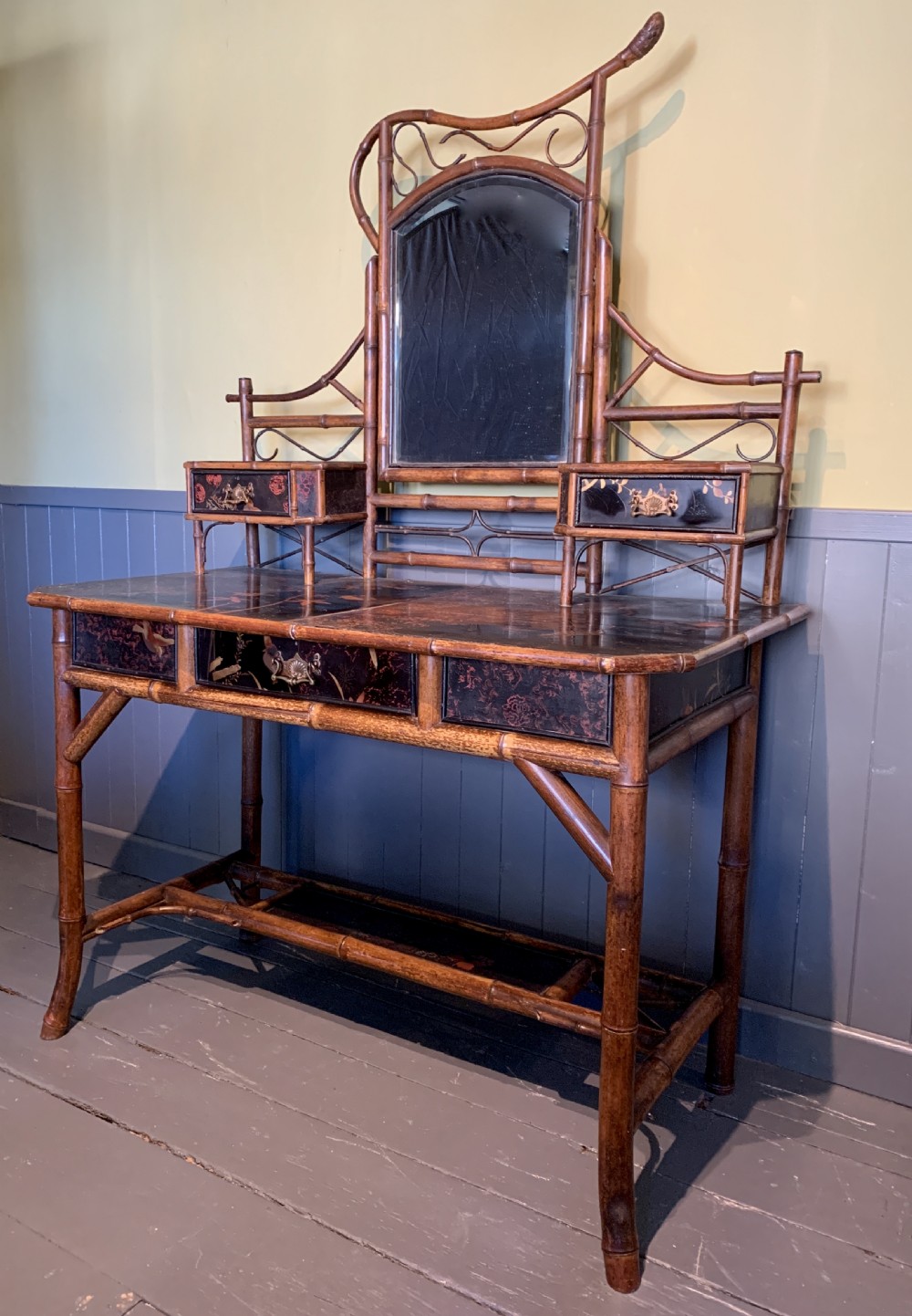 Victorian Aesthetic bamboo and lacquer panelled dressing table View VII