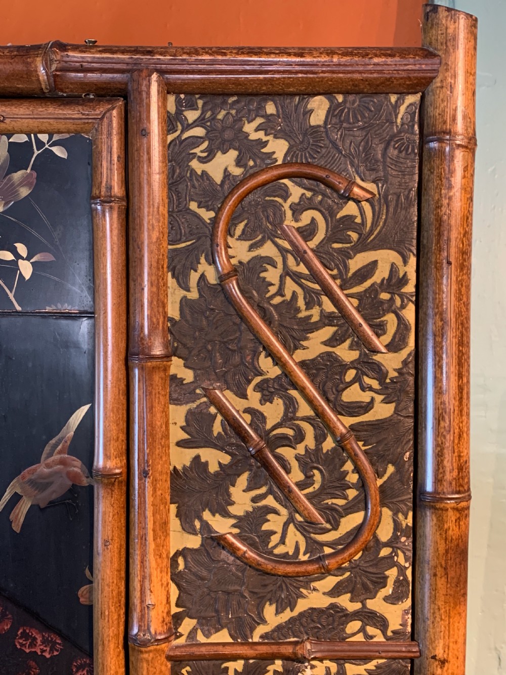 Victorian Aesthetic Movement bamboo and lacquer panelled wardrobe View III