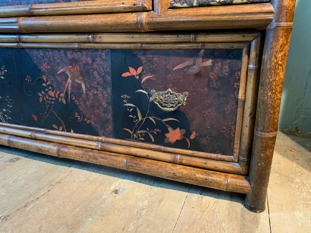Victorian Aesthetic Movement bamboo and lacquer panelled wardrobe View V