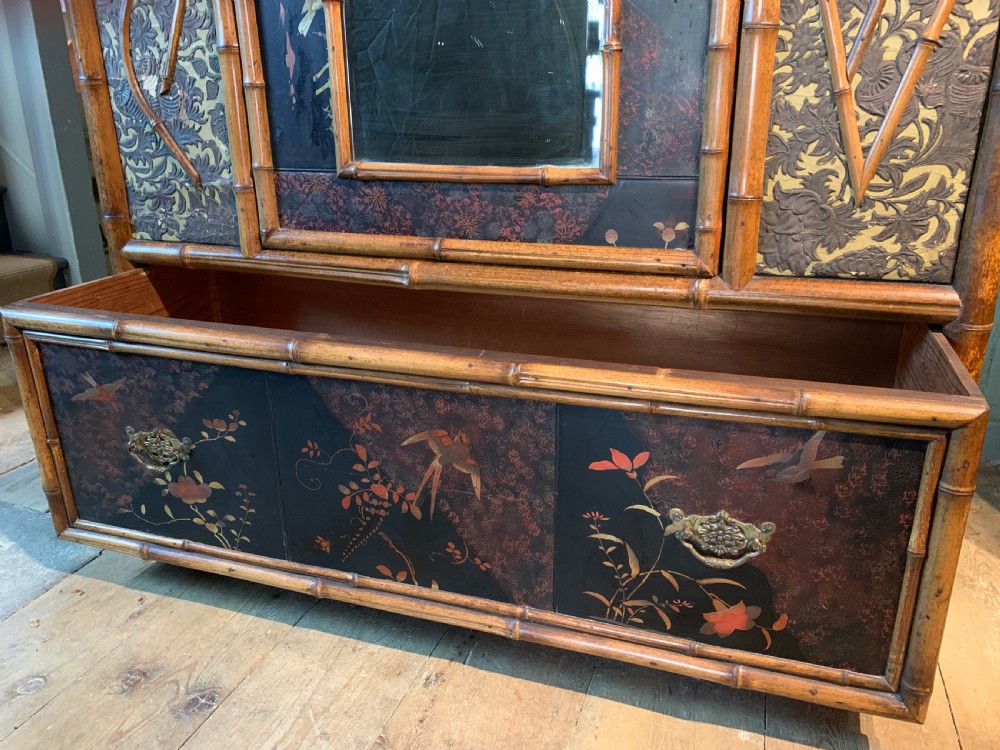 Victorian Aesthetic Movement bamboo and lacquer panelled wardrobe View IX