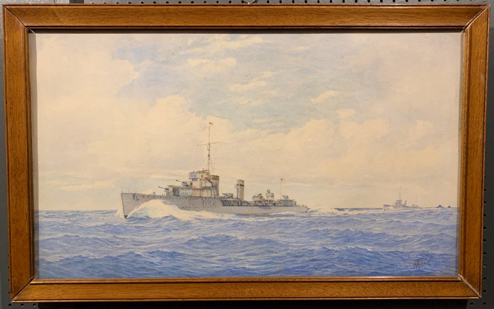 Watercolour of HMS Wallace at full steam in Baltic waters by W.A. Richards