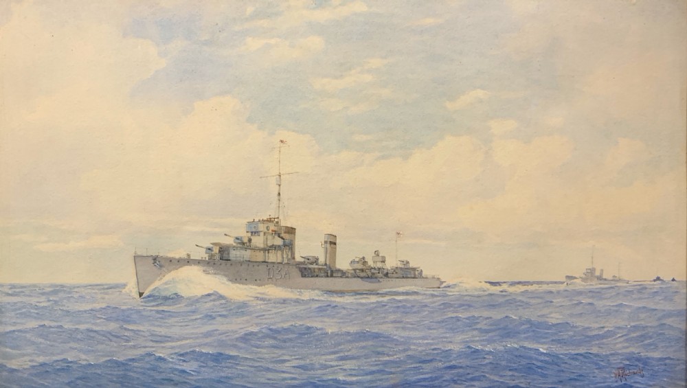 Watercolour of HMS Wallace at full steam in Baltic waters by W.A. Richards View II