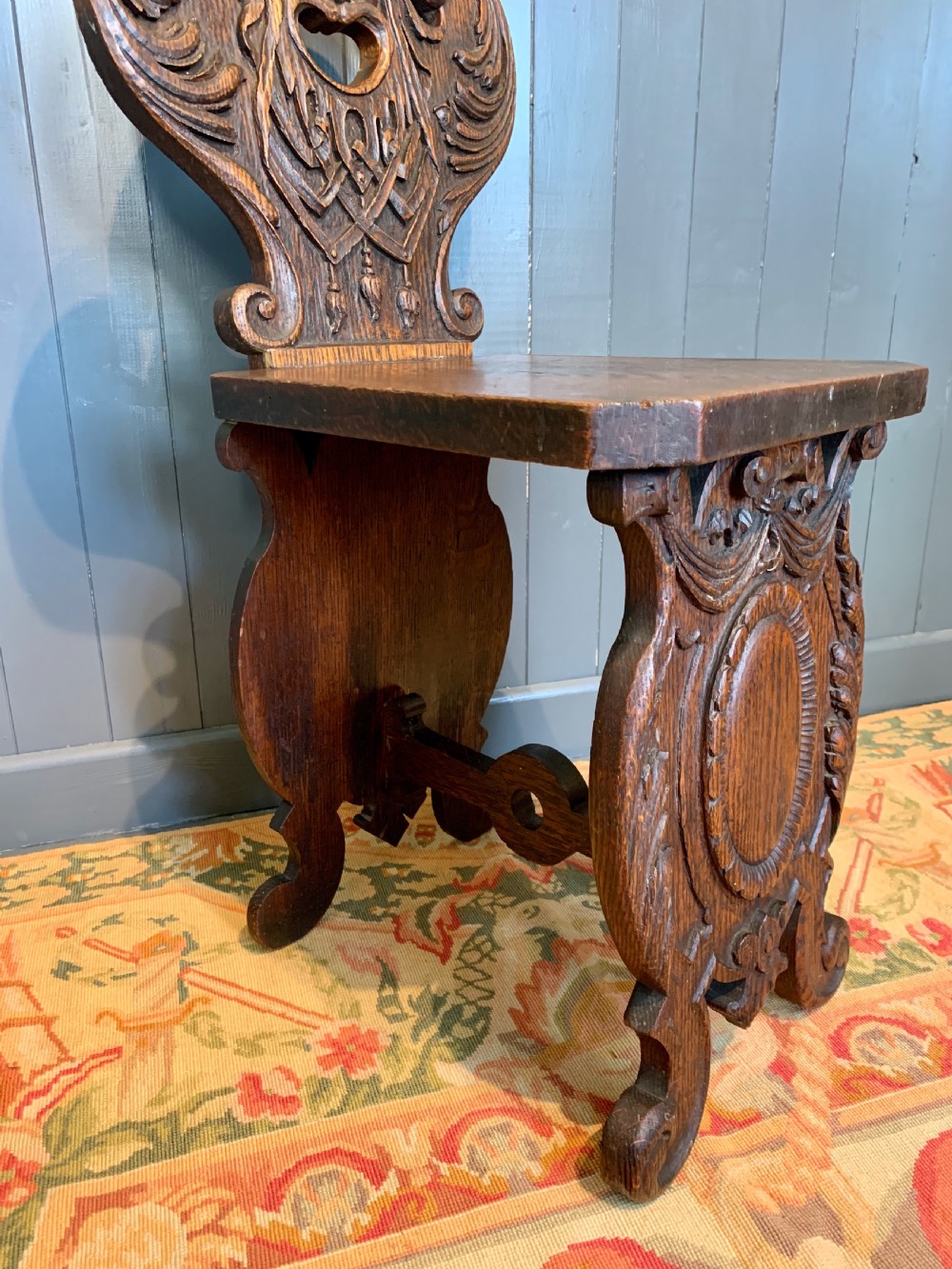 Italian Renaissance revival carved oak Sgabello hall chair  View II