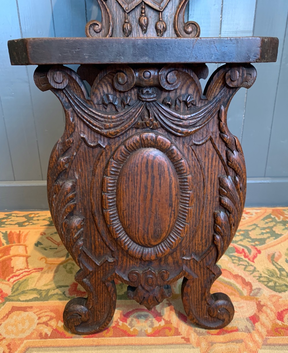 Italian Renaissance revival carved oak Sgabello hall chair  View III
