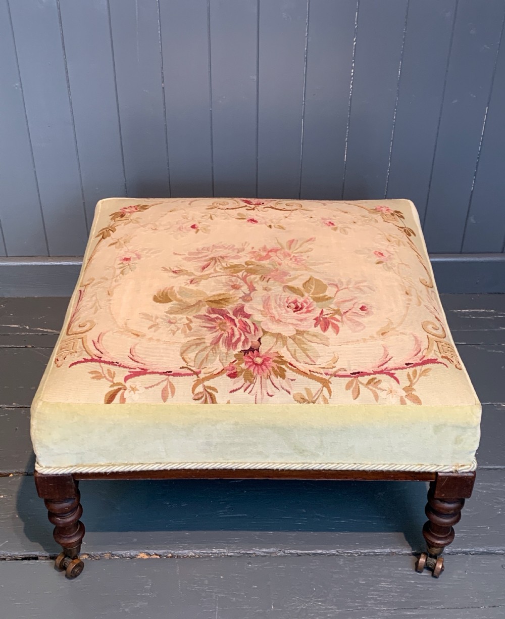 Victorian Aubusson tapestry upholstered stool with Harrington's Patent castors View III