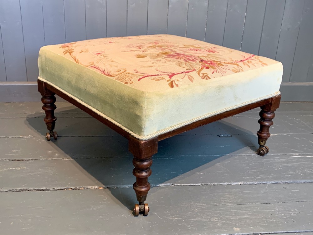 Victorian Aubusson tapestry upholstered stool with Harrington's Patent castors View IV