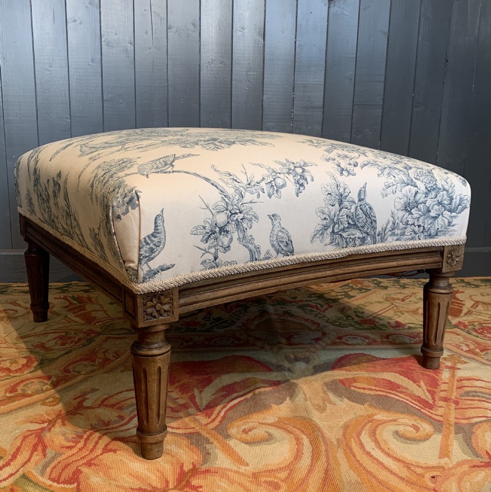 French Louis XVI revival ottoman stool upholstered in blue & white Toile de Jouy View II