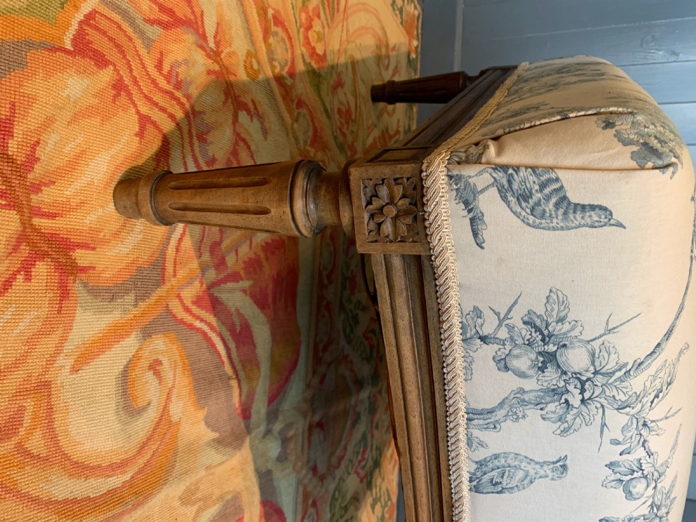 French Louis XVI revival ottoman stool upholstered in blue & white Toile de Jouy View III