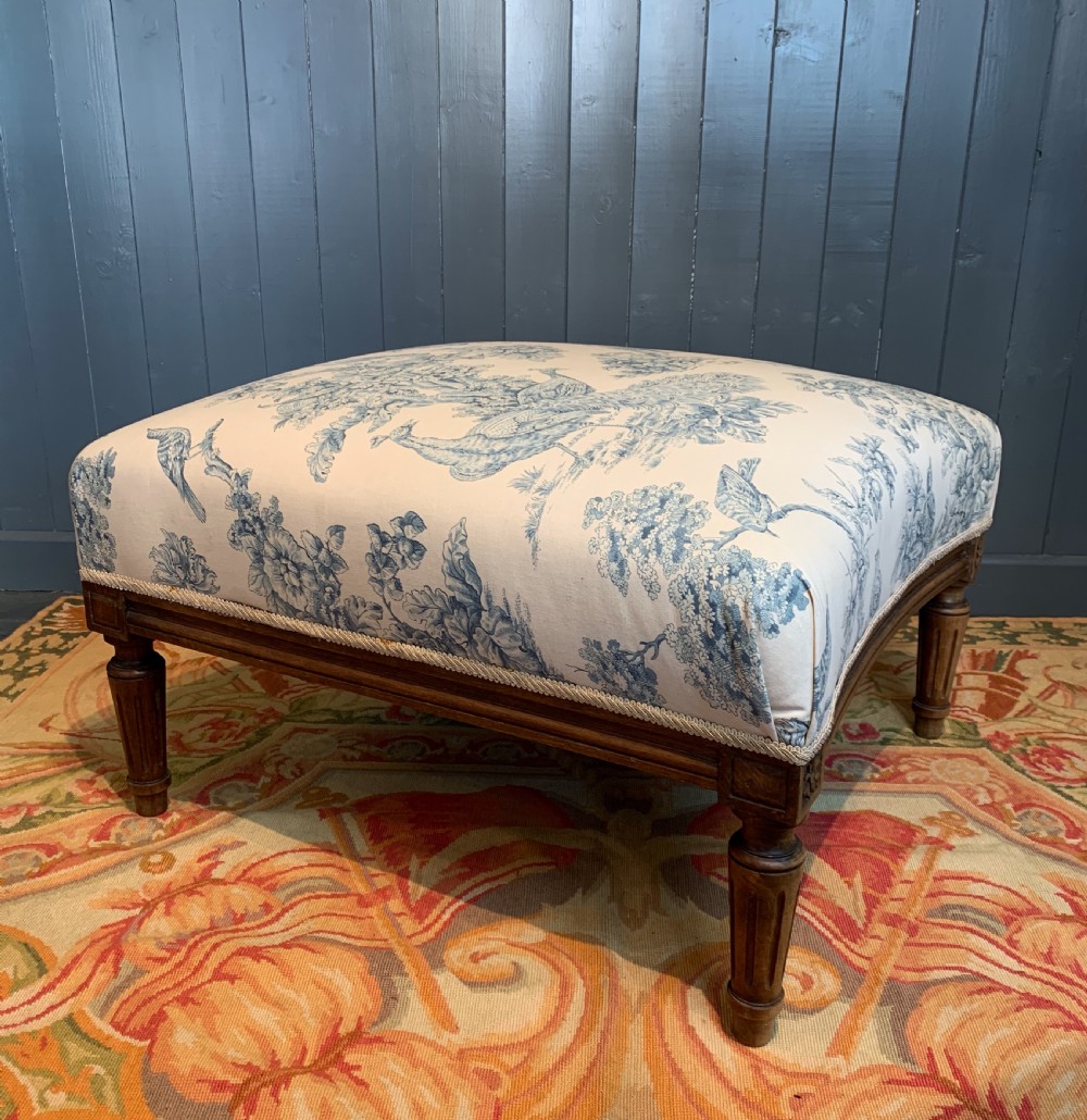 French Louis XVI revival ottoman stool upholstered in blue & white Toile de Jouy View IV