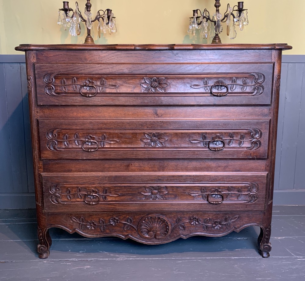 Vintage French Louis XV revival three drawer oak commode