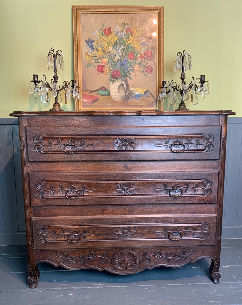 Vintage French Louis XV revival three drawer oak commode View II