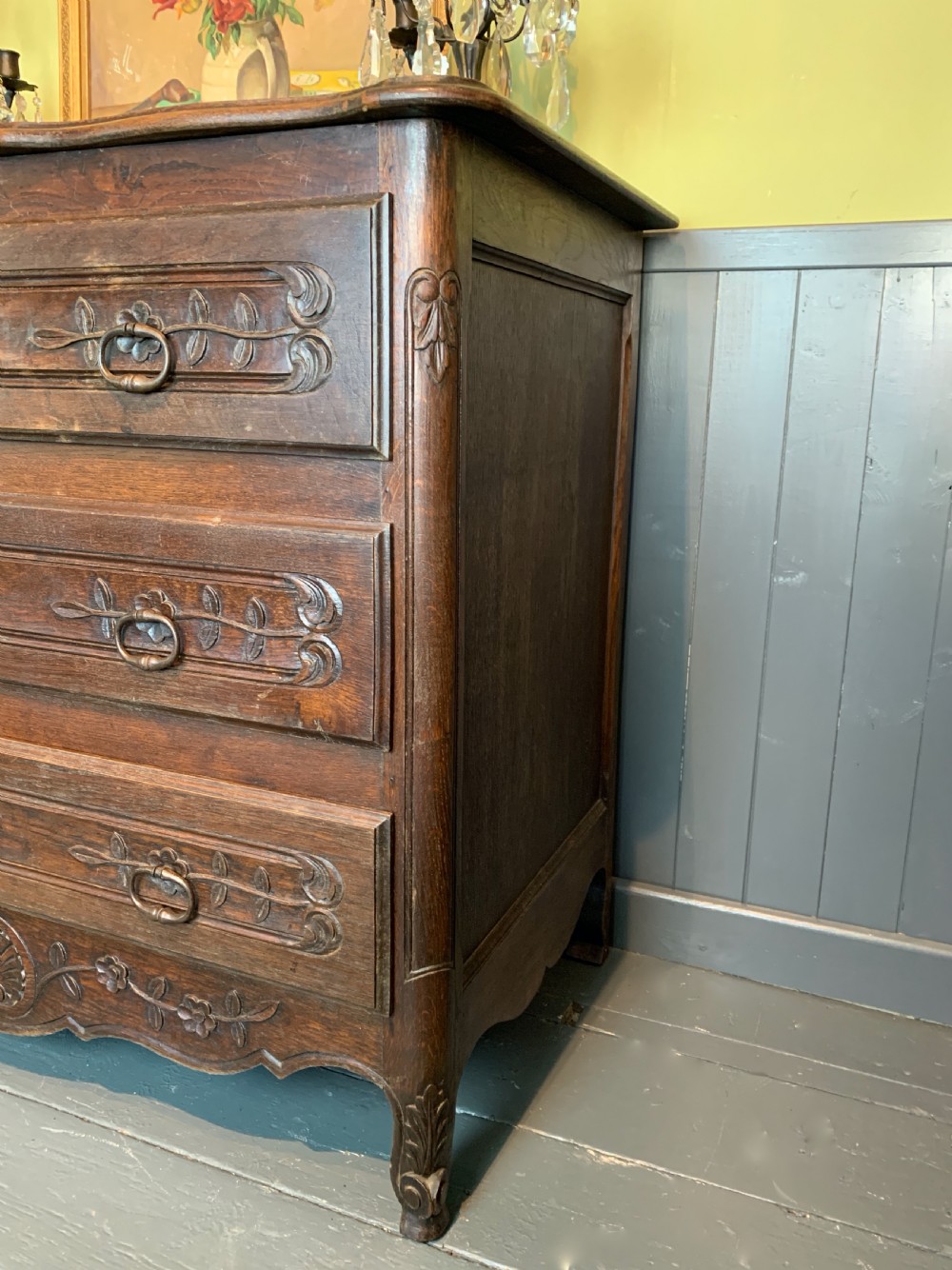 Vintage French Louis XV revival three drawer oak commode View IV