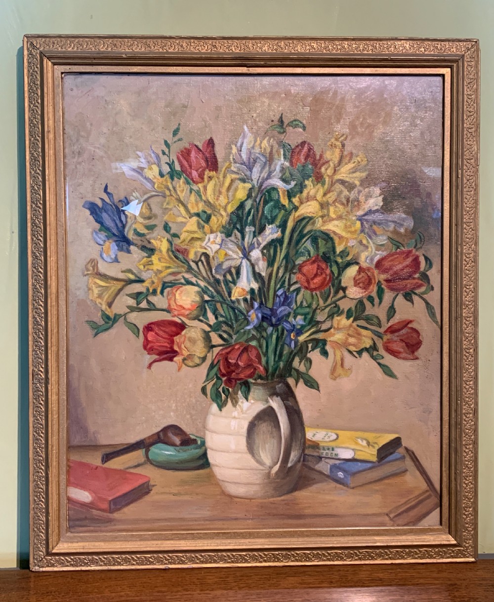 1930's still life oil on canvas of irises and tulips in an Art Deco vase