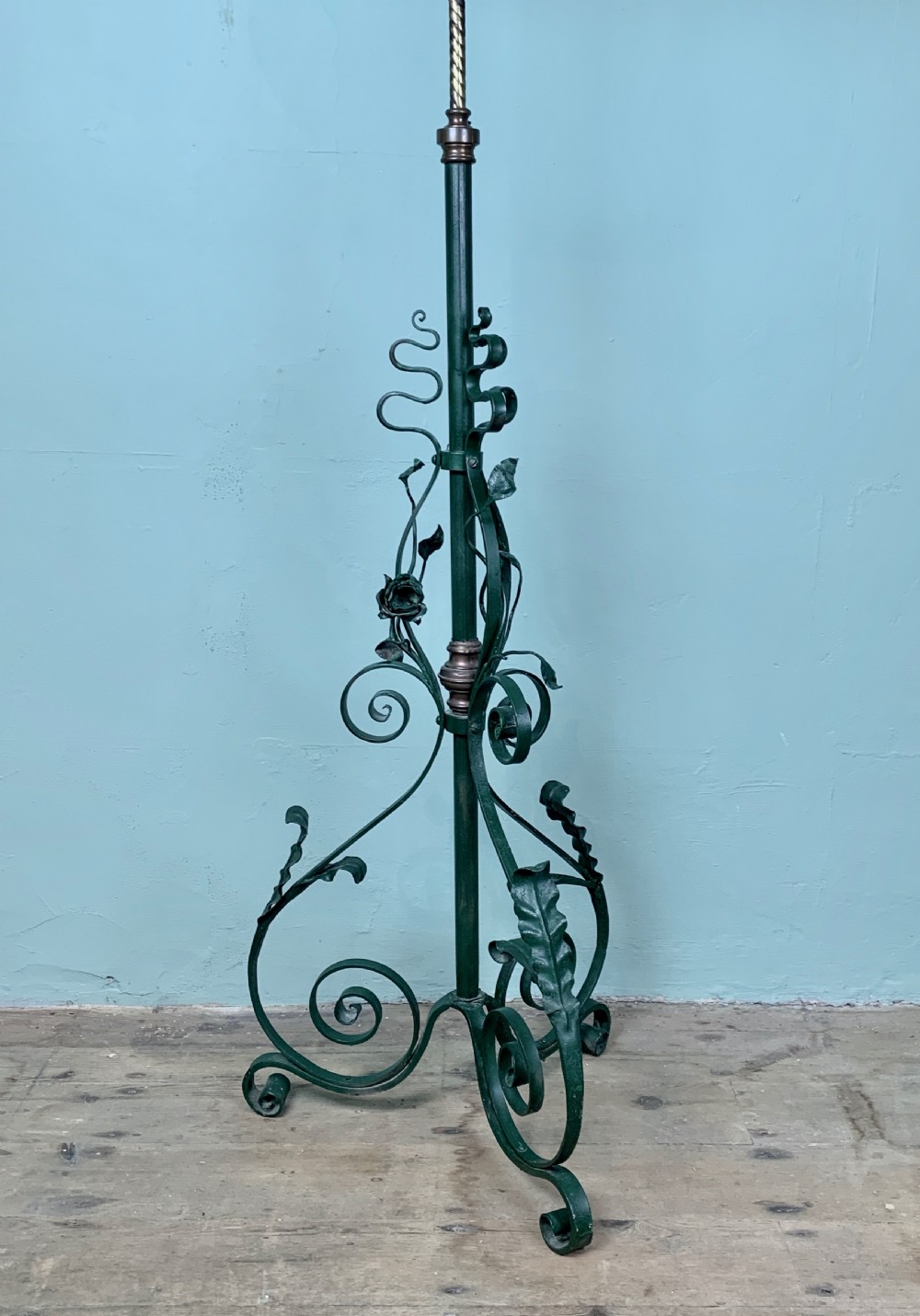 Victorian green painted wrought iron and brass adjustable standard lamp View II