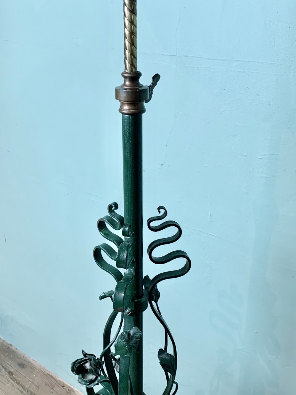 Victorian green painted wrought iron and brass adjustable standard lamp View III
