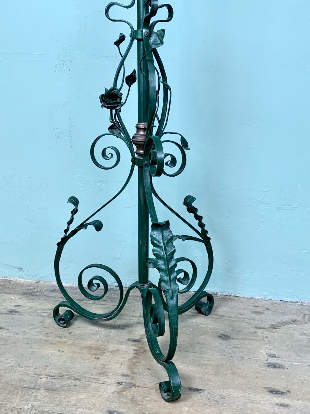 Victorian green painted wrought iron and brass adjustable standard lamp View IV
