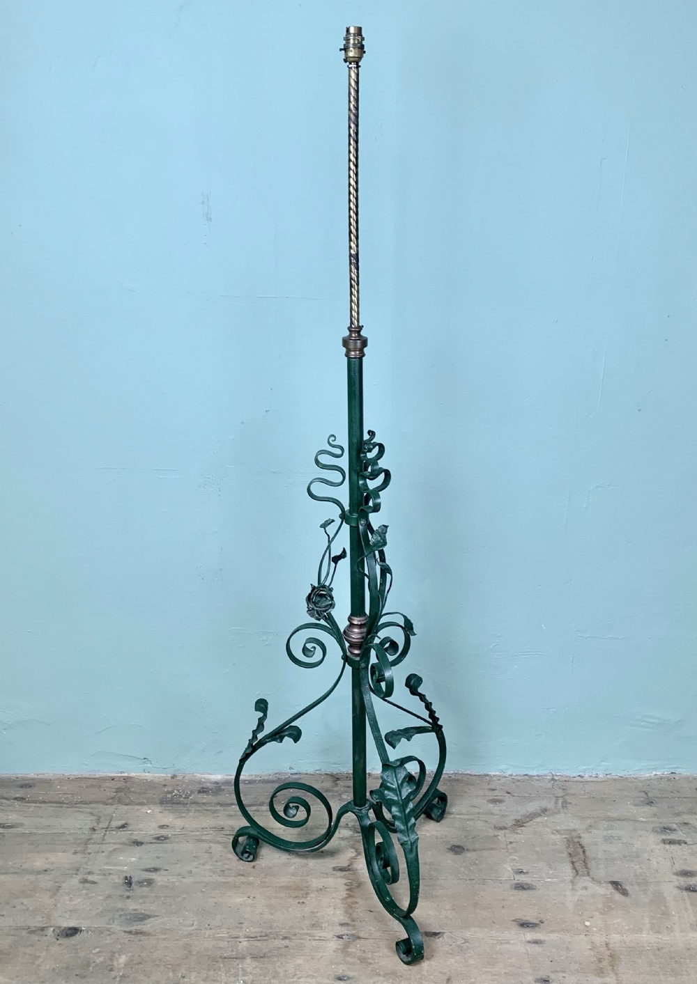 Victorian green painted wrought iron and brass adjustable standard lamp View V