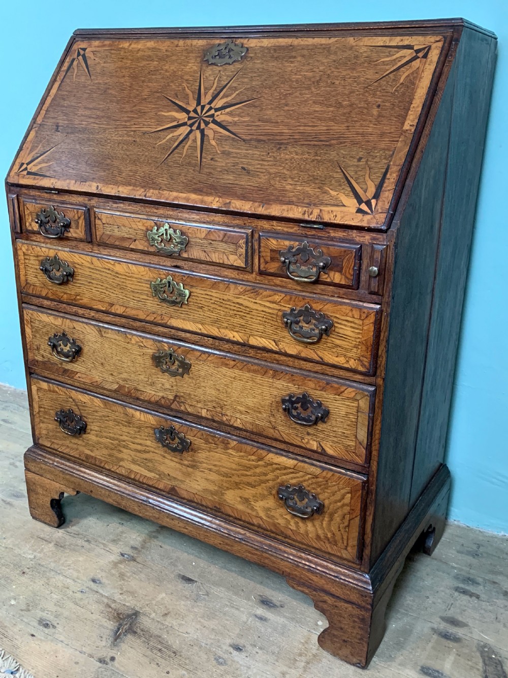 Georgian 18th century country oak bureau with inlaid starburst design View II