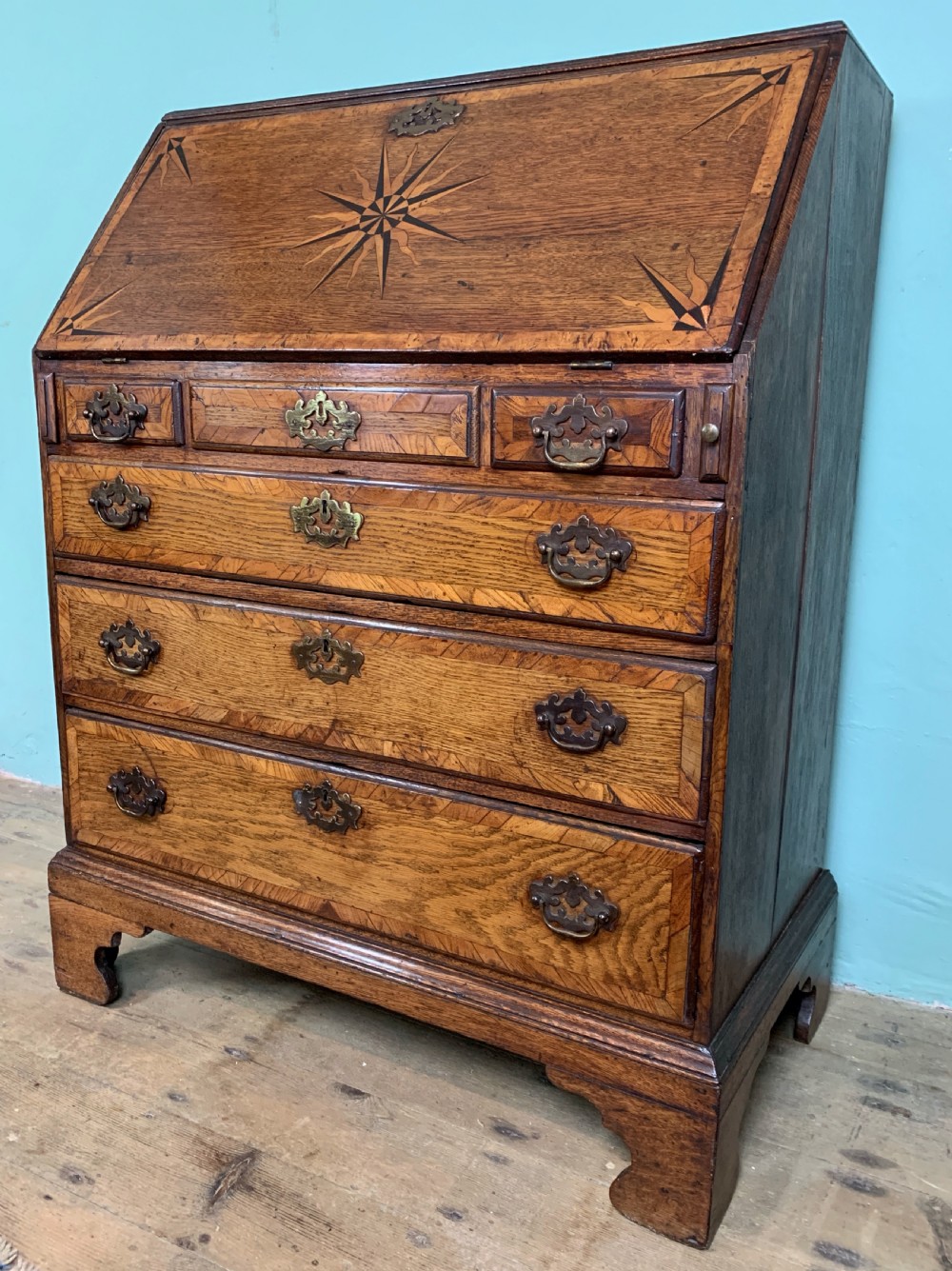Georgian 18th century country oak bureau with inlaid starburst design View III
