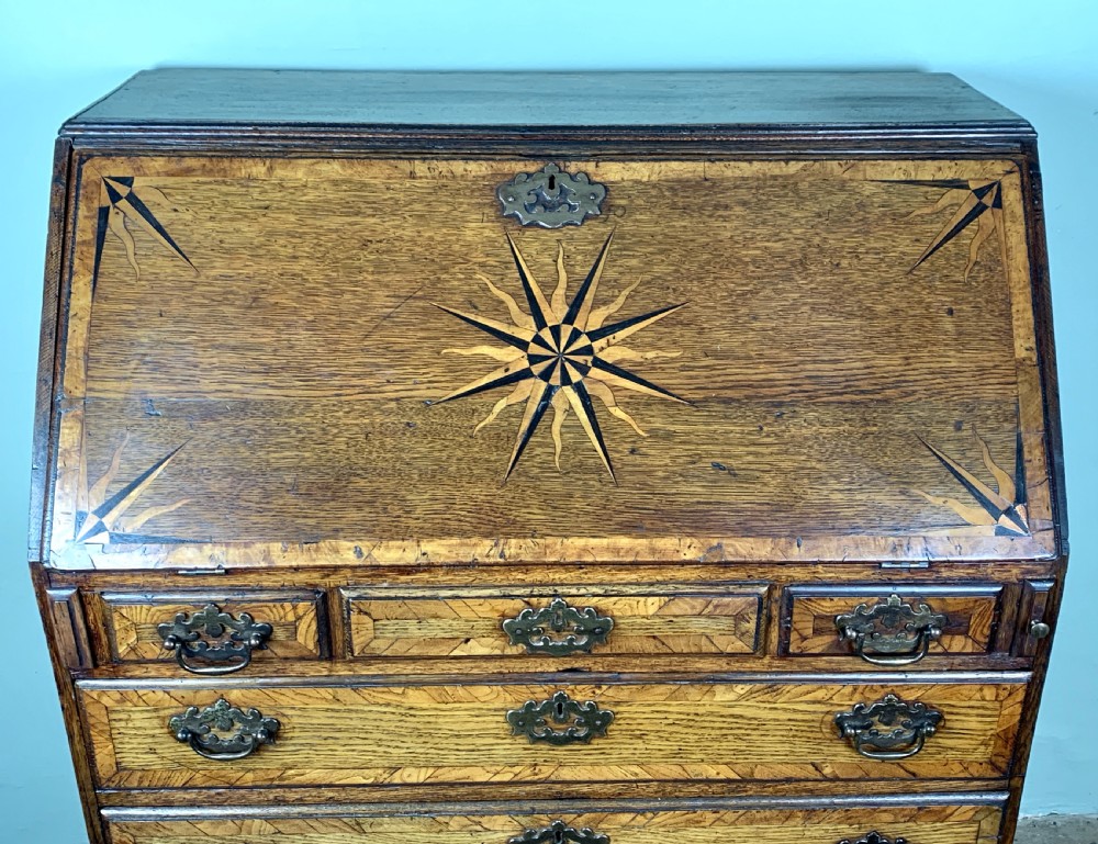 Georgian 18th century country oak bureau with inlaid starburst design View V
