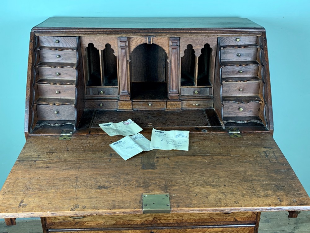 Georgian 18th century country oak bureau with inlaid starburst design View VI