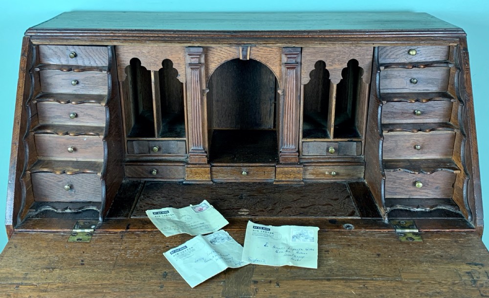 Georgian 18th century country oak bureau with inlaid starburst design View VII