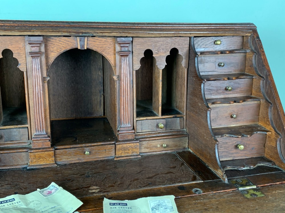 Georgian 18th century country oak bureau with inlaid starburst design View VIII