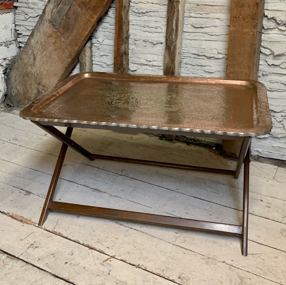Large Indo-Persian engraved tinned copper tray table View II