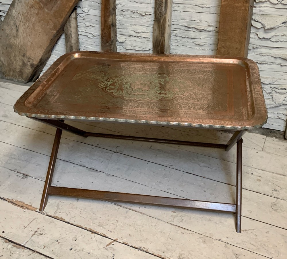 Large Indo-Persian engraved tinned copper tray table View III