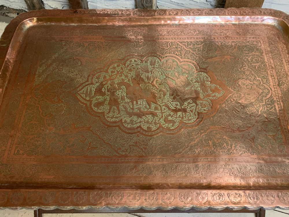 Large Indo-Persian engraved tinned copper tray table View IV