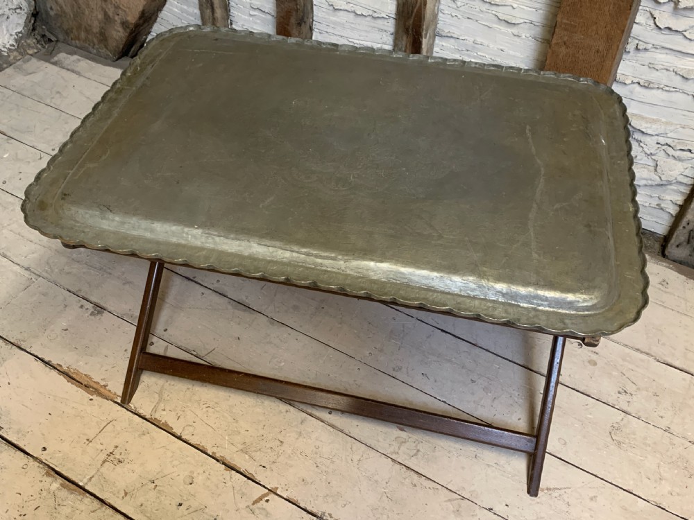 Large Indo-Persian engraved tinned copper tray table View VI