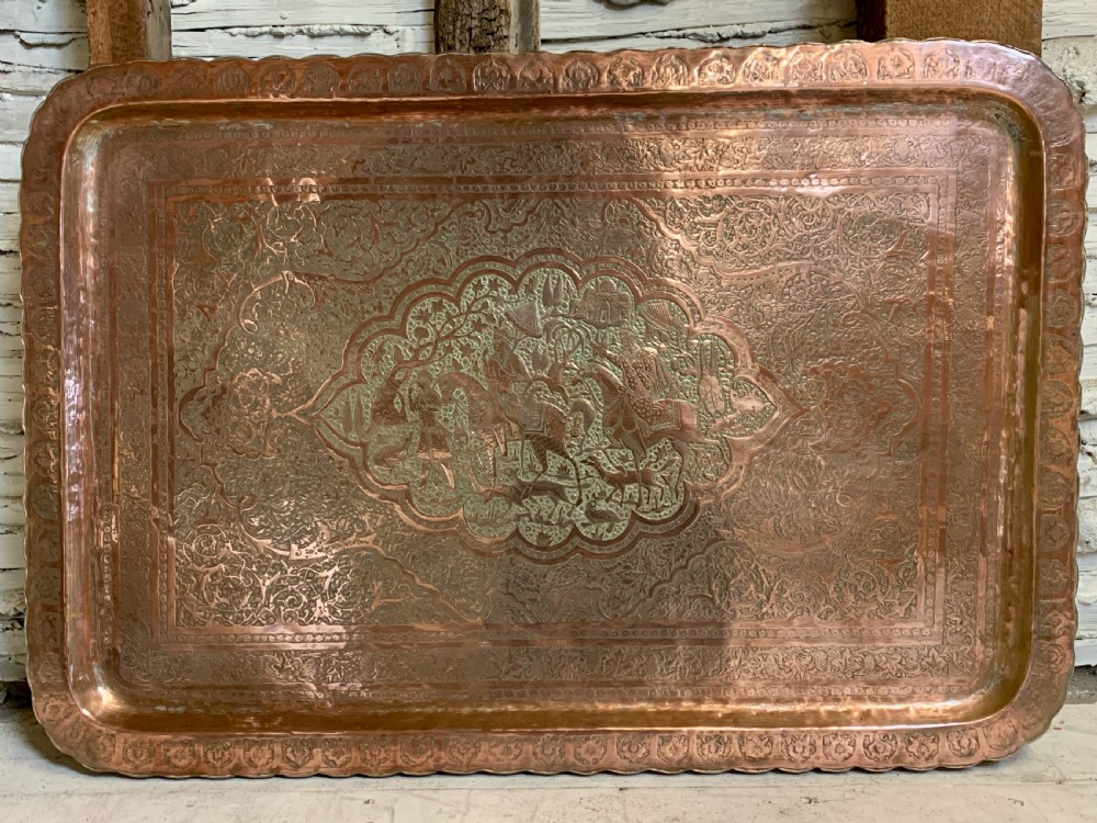 Large Indo-Persian engraved tinned copper tray table View VIII